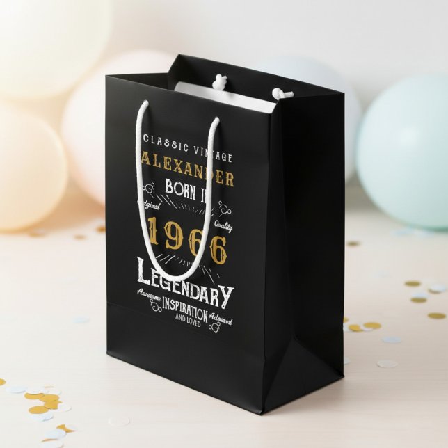 60th Birthday 1966 Add Name Legend Black Gold Medium Gift Bag (Born 1966 birthday gift bag. Background out of focus.)