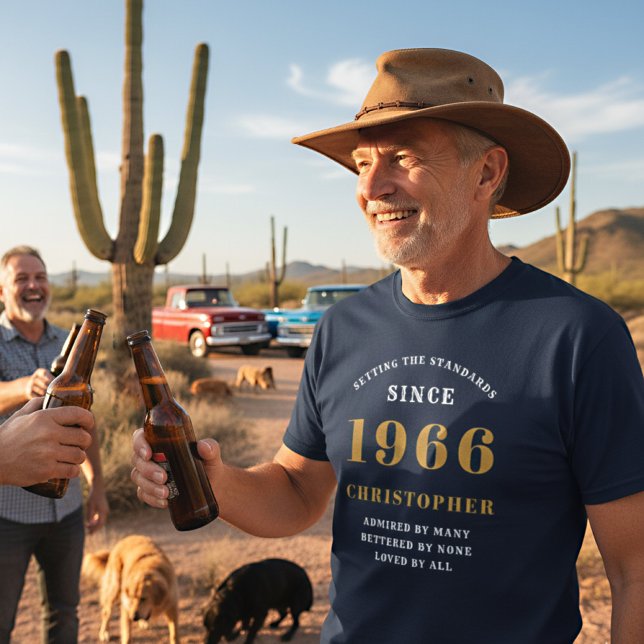 60th Birthday 1966 Blue Gold Men's Personalised T-Shirt (1966 Tshirt desert background)