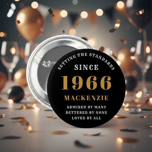 60th Birthday 1966 Elegant Chic Black Gold 6 Cm Round Badge (Born 1966 button badge. Background out of focus.)