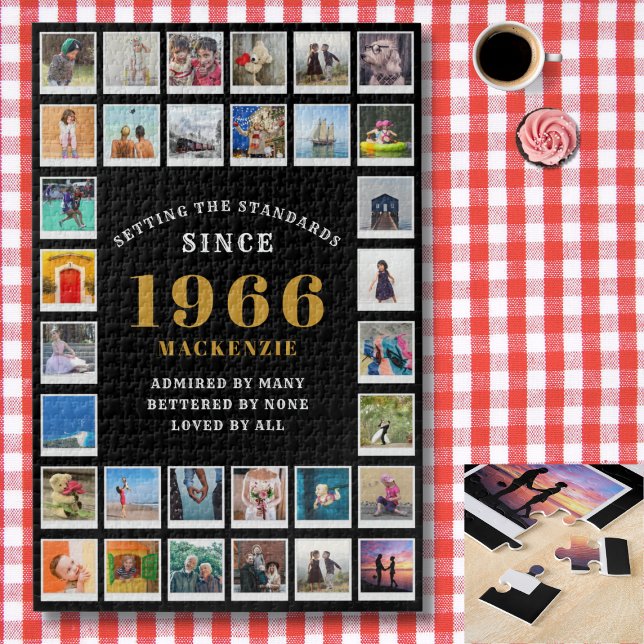 60th Birthday 1966 Family Memories Photo Collage Jigsaw Puzzle (1966 photo collage jigsaw puzzle. Background red and white check tablecloth.)
