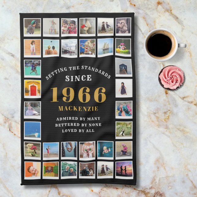 60th Birthday 1966 Family Memories Photo Collage Tea Towel (1966 kitchen towel. Marble background.)