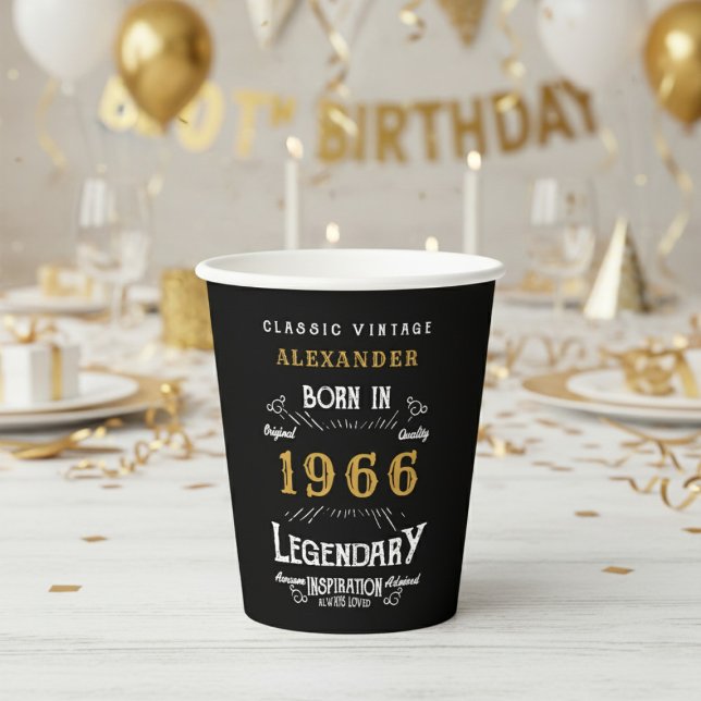 60th Birthday 1966 Legendary Retro Paper Cups (1966 birthday black paper cup on a white and gold background.)