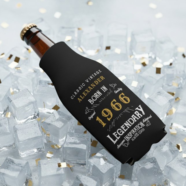 60th Birthday 1966 Name Legend Chic Black Gold Bottle Cooler (Born 1966 bottle cooler on ice.)