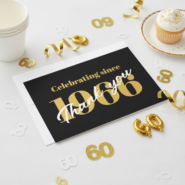 60th Birthday 1966 Retro Black And Gold Thank You Card (Thank you card on a table with white and gold 60th birthday decorations and a cupcake.)