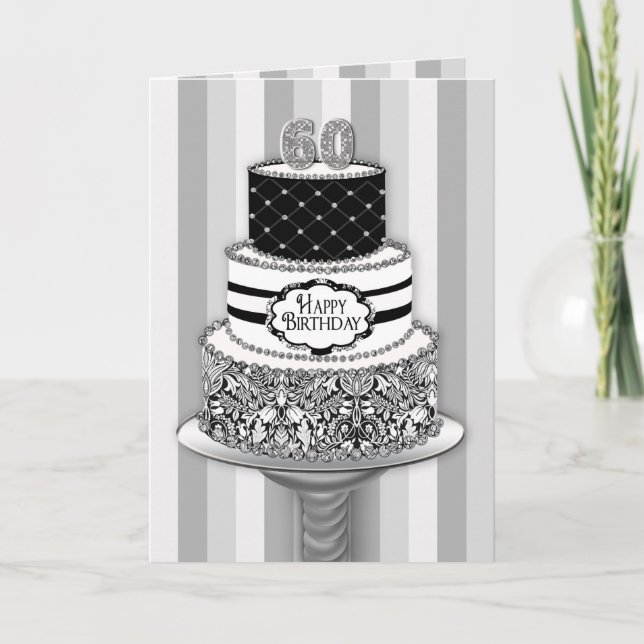 60th Birthday, 3 Tier Black/White Pattern Cake Card (Front)