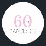 60th Birthday 60 and fabulous Typography Pink Classic Round Sticker<br><div class="desc">Chic and simple, 60th birthday, 60 and fabulous pink typography design. An elegant, modern 60th birthday party design with the words 60 and fabulous in pink and black typography. To customise this design, use the personalise this button, where you can change the text, or use the editing tool to change...</div>