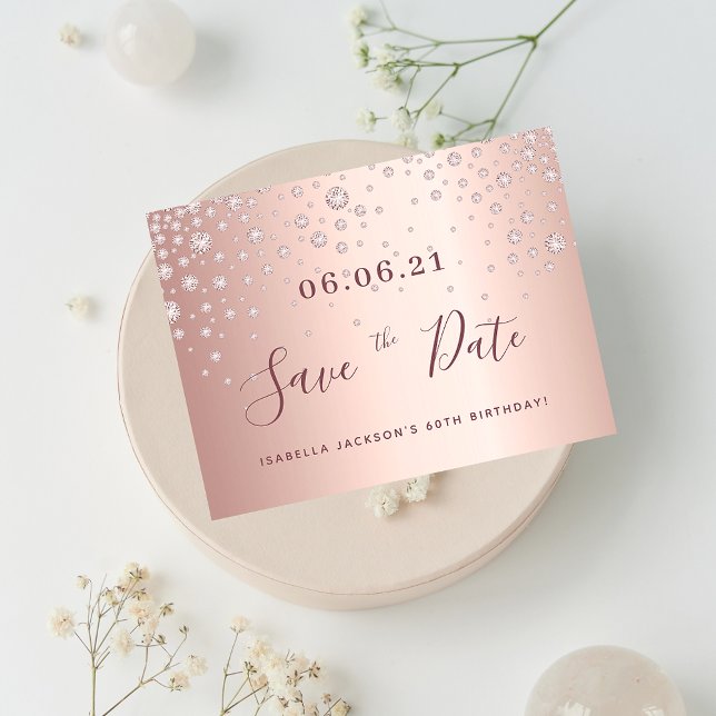 60th birthday 60 rose gold diamonds save the date postcard (Creator Uploaded)