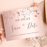60th birthday 60 rose gold stars save the date postcard<br><div class="desc">A feminine and glamourous Save the Date card for a 60th birthday party 60 years old. A feminine pink, rose gold faux metallic looking background decorated with faux rose gold sparkling stars. Templates for a date and your text. Dark rose gold coloured letters. The text: Save the Date is written...</div>