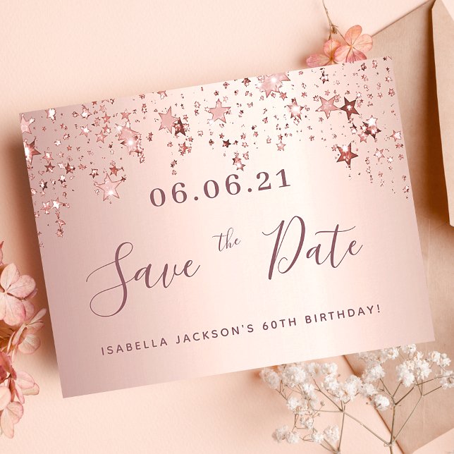 60th birthday 60 rose gold stars save the date postcard (Creator Uploaded)