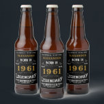 60th Birthday Add Your Name Born 1961 Legendary Beer Bottle Label<br><div class="desc">For those born in 1961 and celebrating their 60th birthday we have the ideal beer bottle labels. The black background with a white and gold vintage typography design design is simple and yet elegant with a retro feel. Easily customise the text of this birthday label using the template provided. More...</div>