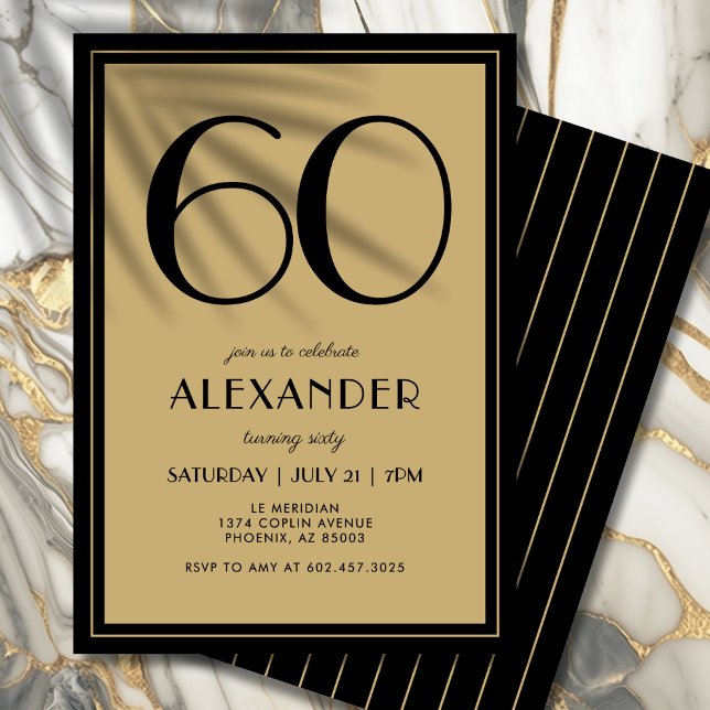 60th Birthday Adult Black and Gold Modern Minimal  Invitation (Black and gold elegance—modern typography with a touch of luxury.)