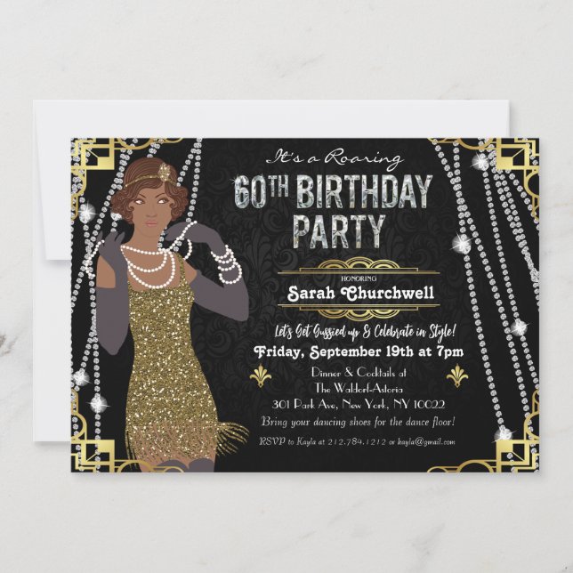 60th Birthday African American  Flapper Girl   Invitation (Front)