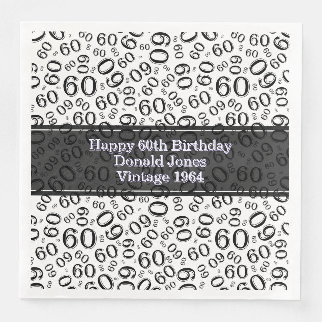 60th Birthday Age Number Pattern Black/White Napkin (Front)