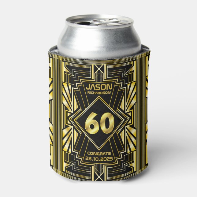 60th Birthday Art Deco Gold Black Great Gatsby Can Cooler (Can Front)