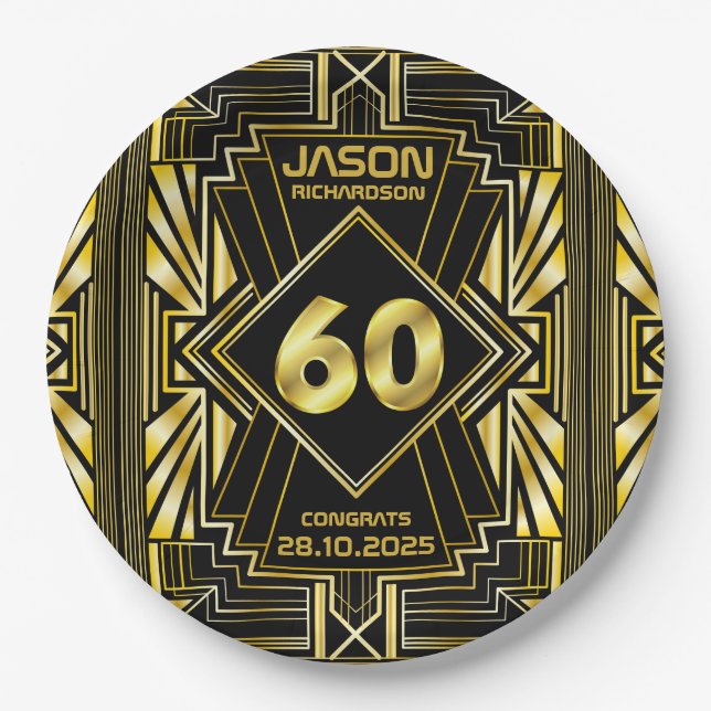 60th Birthday Art Deco Gold Black Great Gatsby Paper Plate (Front)