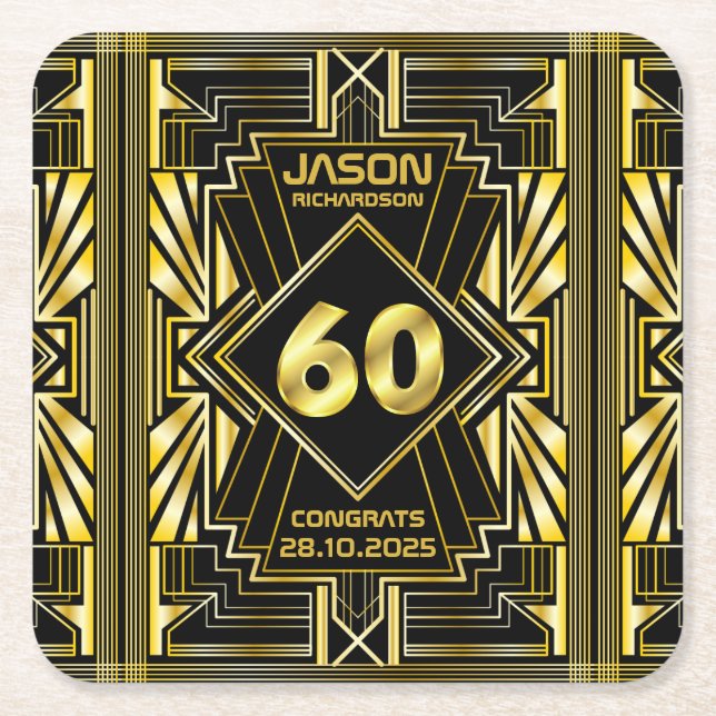 60th Birthday Art Deco Gold Black Great Gatsby Square Paper Coaster (Front)