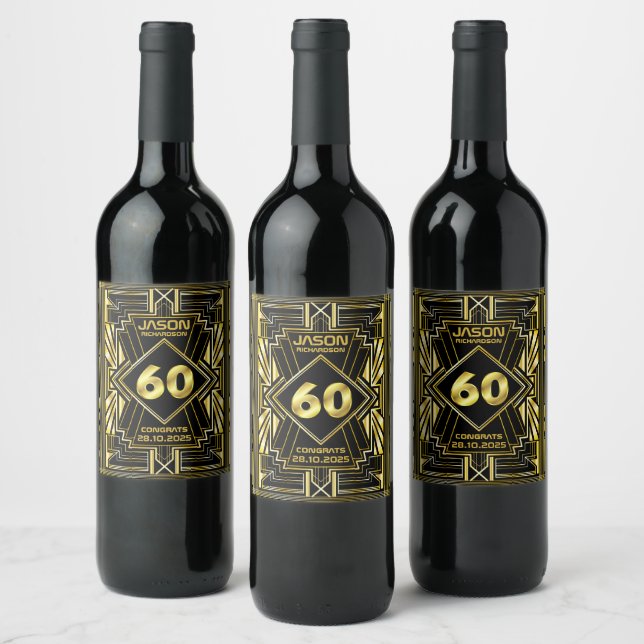 60th Birthday Art Deco Gold Black Great Gatsby Wine Label (Bottles)