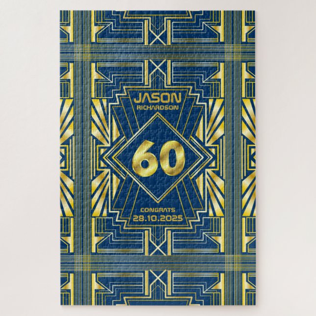 60th Birthday Art Deco Gold Blue Great Gatsby Jigsaw Puzzle (Vertical)