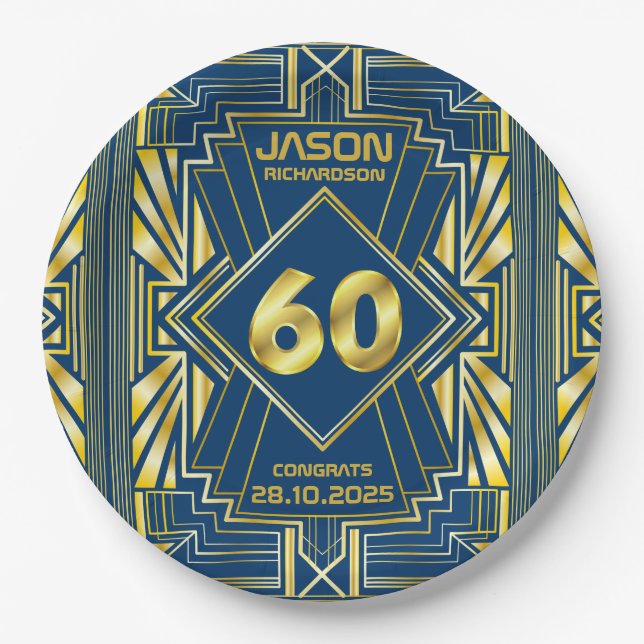 60th Birthday Art Deco Gold Blue Great Gatsby Paper Plate (Front)