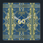 60th Birthday Art Deco Gold Blue Great Gatsby Square Wall Clock<br><div class="desc">Celebrate your milestone birthday in style with this unique Art Deco-style,  Great Gatsby-inspired design featuring geometric shapes in bright gold over dark blue background. An elegant,  classy,  gender neutral look perfect for commemorating that special birthday with the jazz-infused taste of the Roaring Twenties.</div>