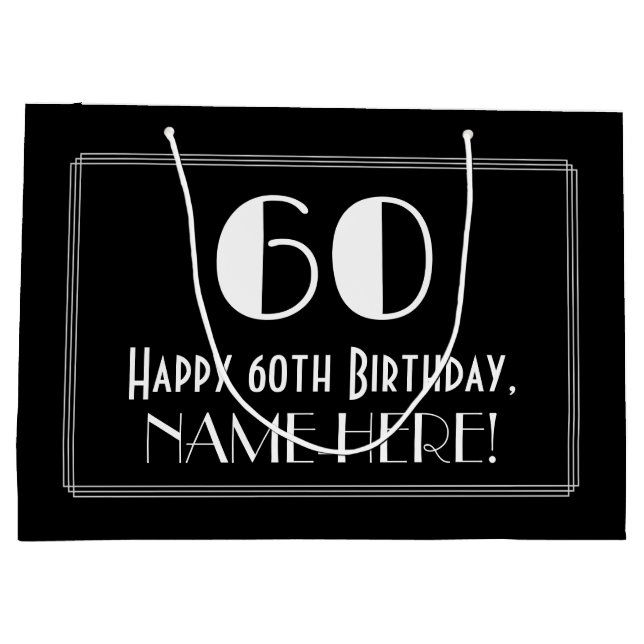 60th Birthday: Art Deco Inspired Style "60", Name Large Gift Bag (Back)