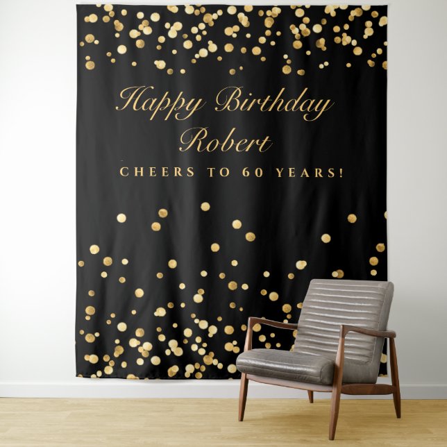 60Th Birthday Backdrop, Black And Gold Photobooth Tapestry (In Situ)