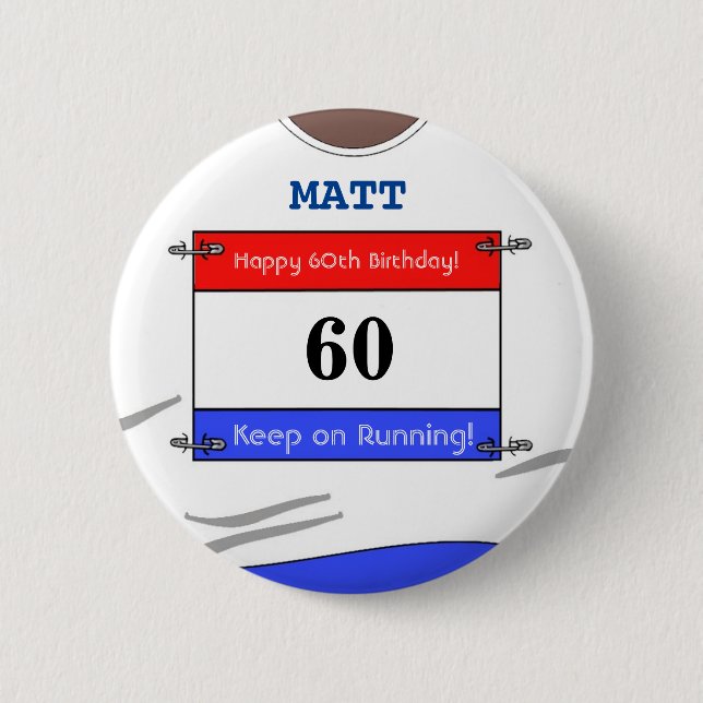 60th Birthday Badge for a Runner (White Top) (Front)