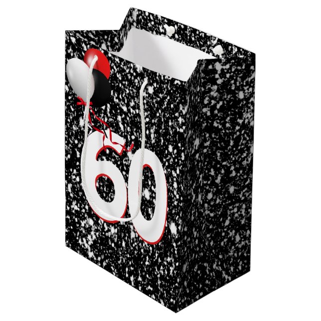 60th Birthday Balloons on Black Glitter Medium Gift Bag (Front Angled)