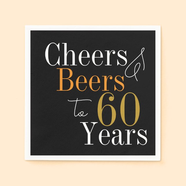 60th Birthday Beers and Cheers Black Gold Party Napkin (Creator Uploaded)