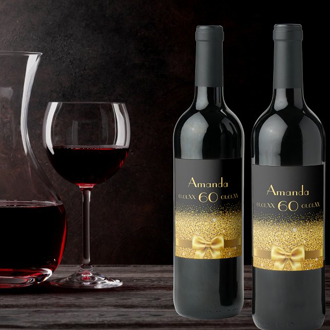 60th birthday black and faux gold bow name wine label (Creator Uploaded)