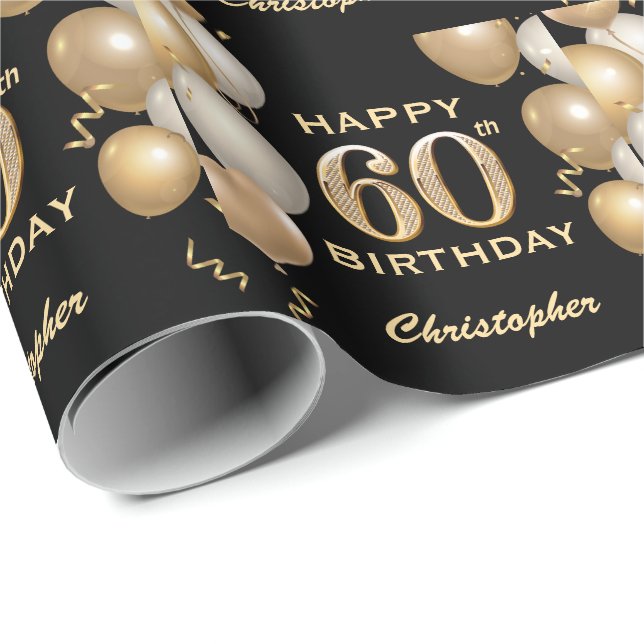 60th Birthday Black and Gold Glitter Balloons Wrapping Paper (Roll Corner)