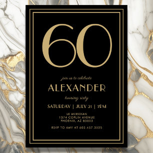 60th Birthday Black and Gold Modern Minimal Adult Invitation