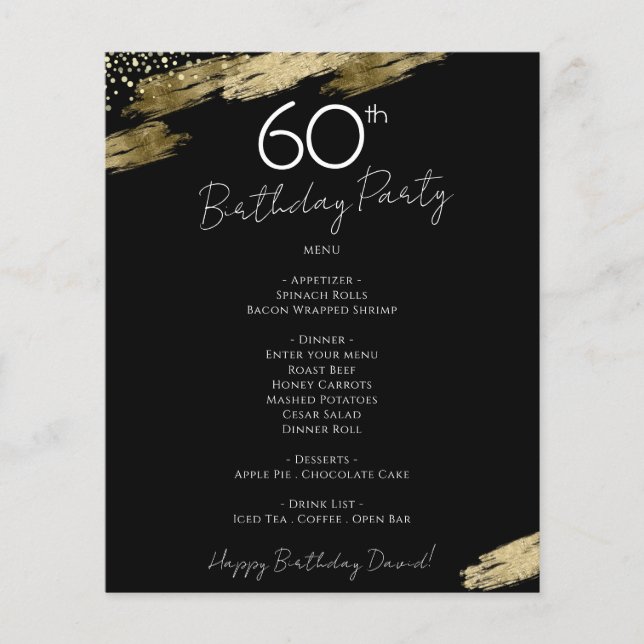 60th Birthday Black and Gold Party Menu Flyer (Front)