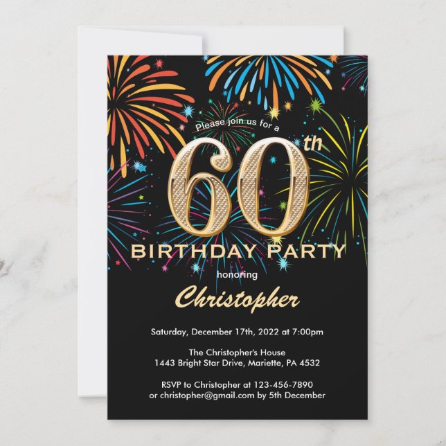 60th Birthday Black and Gold Rainbow Fireworks Invitation (Front)