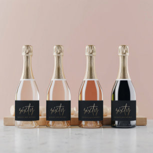 60th Birthday Black and gold script modern minimal Sparkling Wine Label