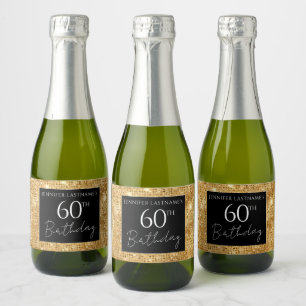 60th Birthday Black and Gold Shimmer Sparkling Wine Label