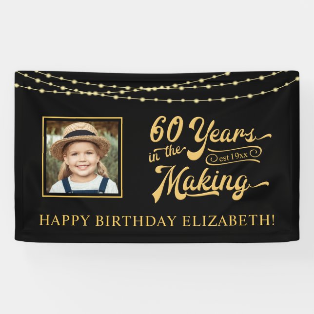 60th Birthday Black and Gold String Lights Photo Banner (Horizontal)