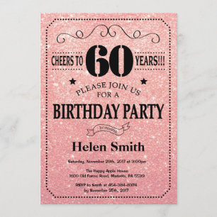 60th Birthday Black and Pink Rose Gold Glitter Invitation