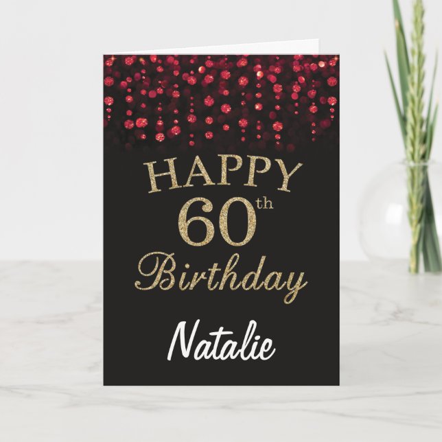 60th Birthday Black and Red Gold Glitter Card (Front)