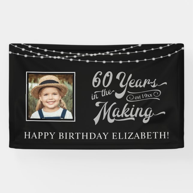 60th Birthday Black and Silver String Lights Photo Banner (Horizontal)