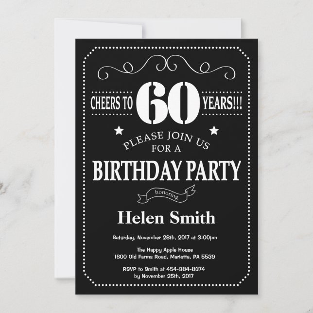60th Birthday Black and White Chalkboard Invitation (Front)