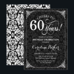 60th Birthday - Black and White Damask Invitation<br><div class="desc">60th Birthday Invitation.
Elegant vintage black and white design with damask pattern. Features script font. Cheers to 60 years! Can be personalized into any age! Message me if you need further customization.</div>