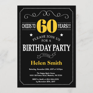 60th Birthday Black and Yellow Chalkboard Invitation