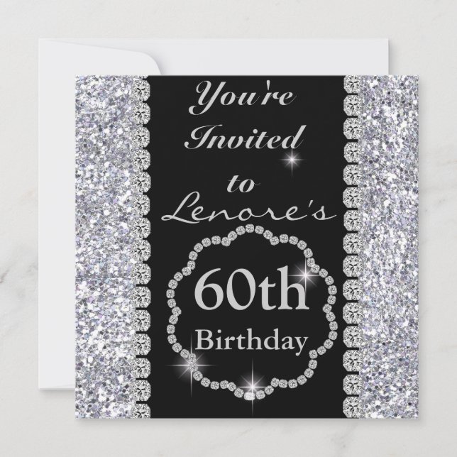 60th  Birthday  Black & CRYSTALS Silver Invitation (Front)