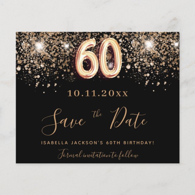 60th birthday black glitter budget save the date flyer (Front)