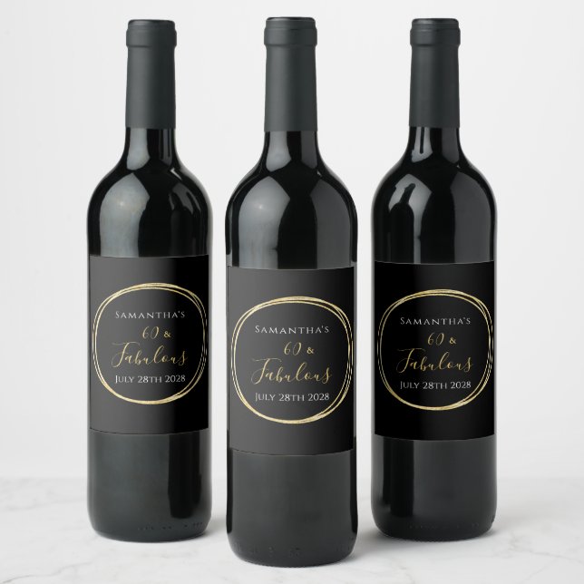 60th Birthday Black Gold 60 and Fabulous Party  Wine Label (Bottles)