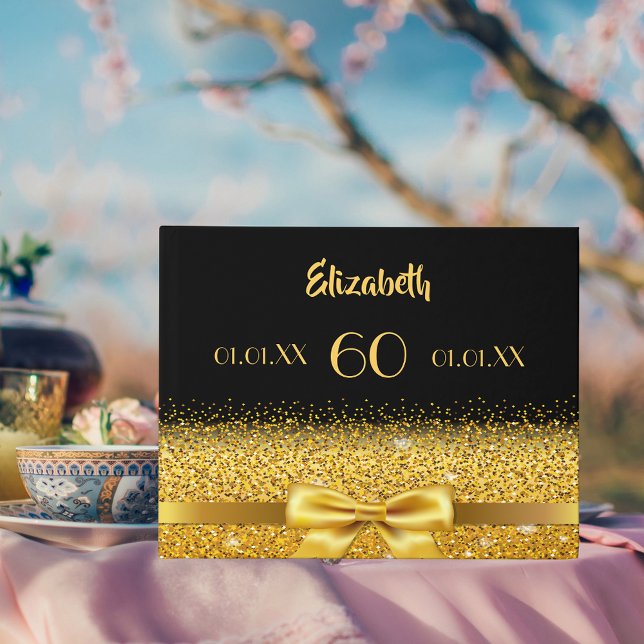60th birthday black gold bow guest book (Creator Uploaded)