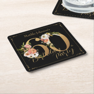 60th Birthday Black Gold Floral Glamourous Pretty Square Paper Coaster
