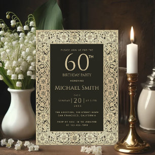 60th Birthday Black Gold Flowers Elegant Vintage Invitation