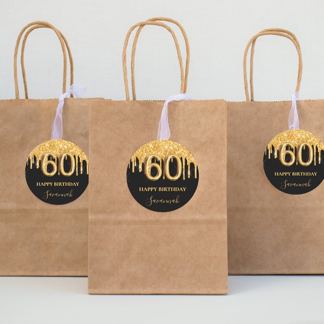 60th birthday black gold glitter balloon party classic round sticker (Creator Uploaded)